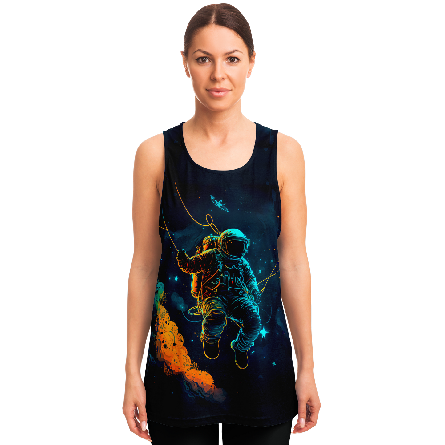 Female model wearing Astronaut Galaxy Tank Top with colorful astronaut print on the front