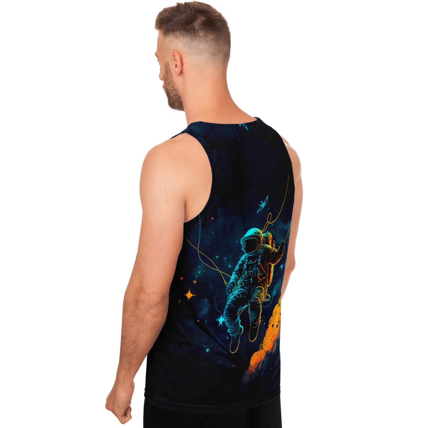 Angled rear view of man in Astronaut Galaxy Tank Top with full cosmic astronaut print