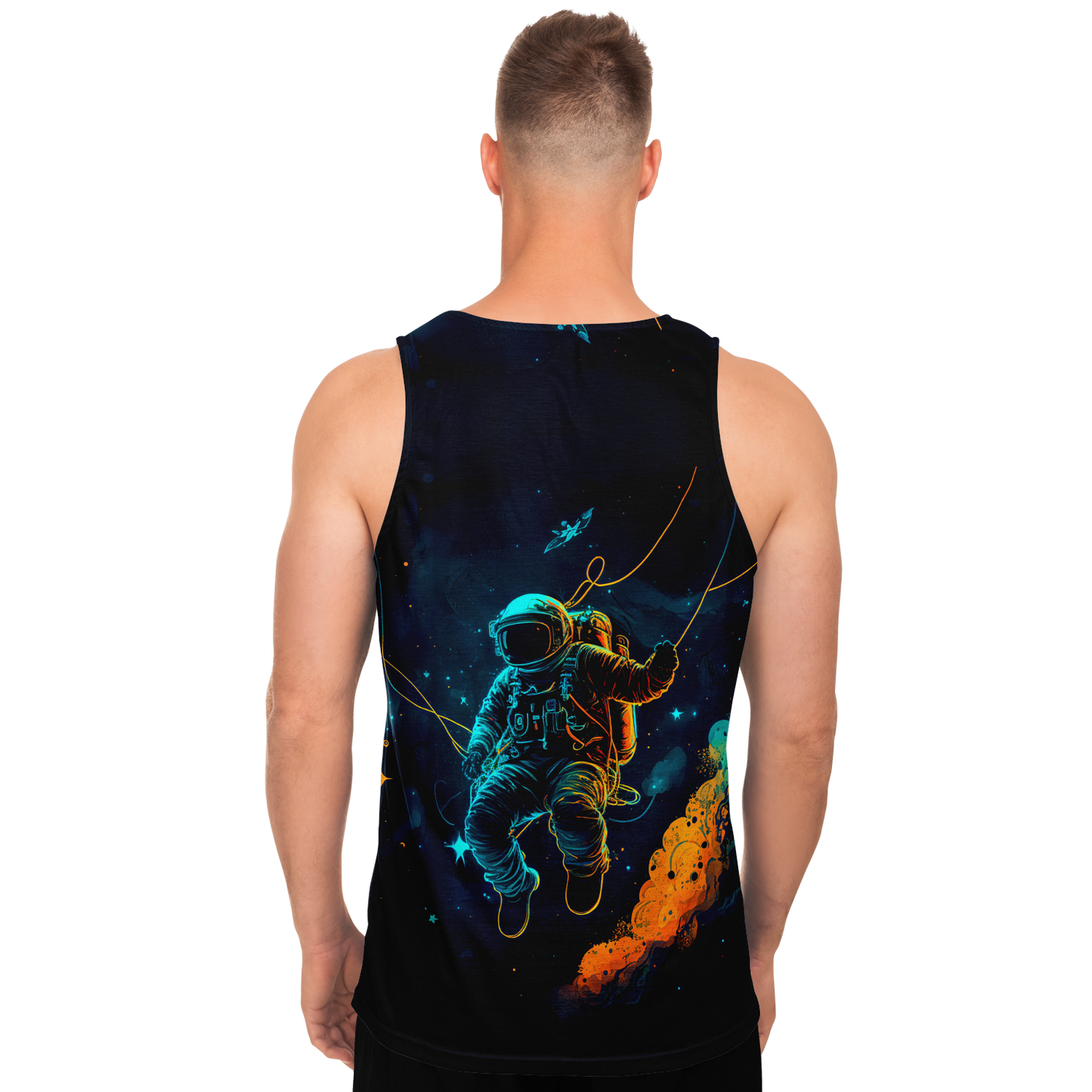 Male model showing back of Astronaut Galaxy Tank Top featuring glowing astronaut floating in space