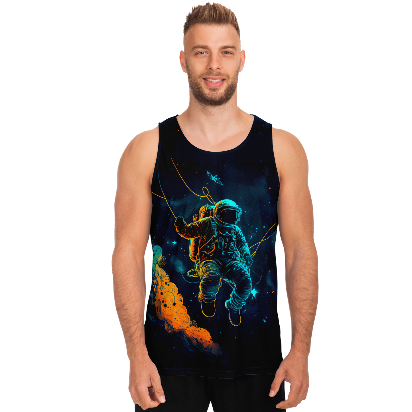 Male model facing front in Astronaut Galaxy Tank Top with vibrant astronaut and cosmic artwork