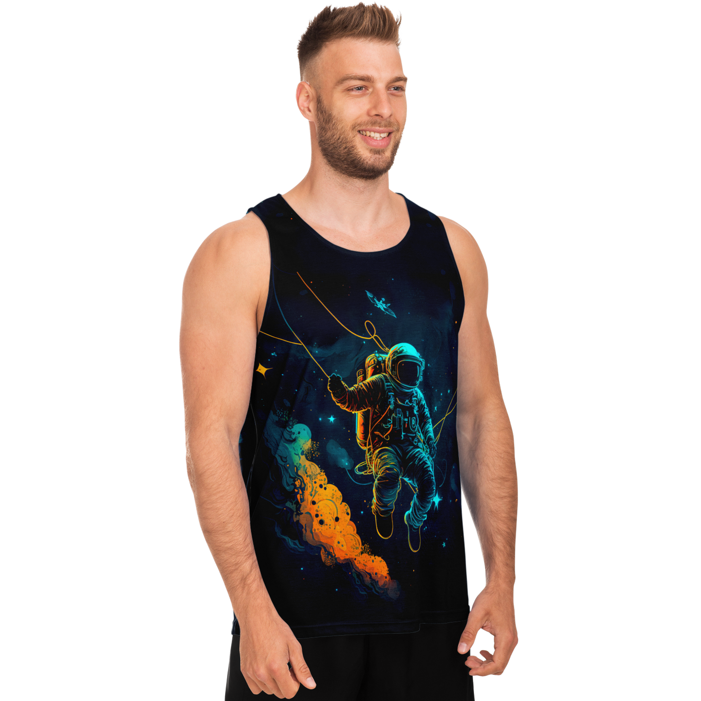 Side pose of male model wearing Astronaut Galaxy Tank Top with sci-fi space theme