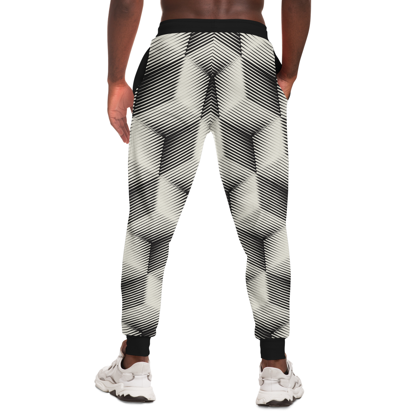 Black and White Joggers for Men – Rear view with crisp lines and clean symmetry