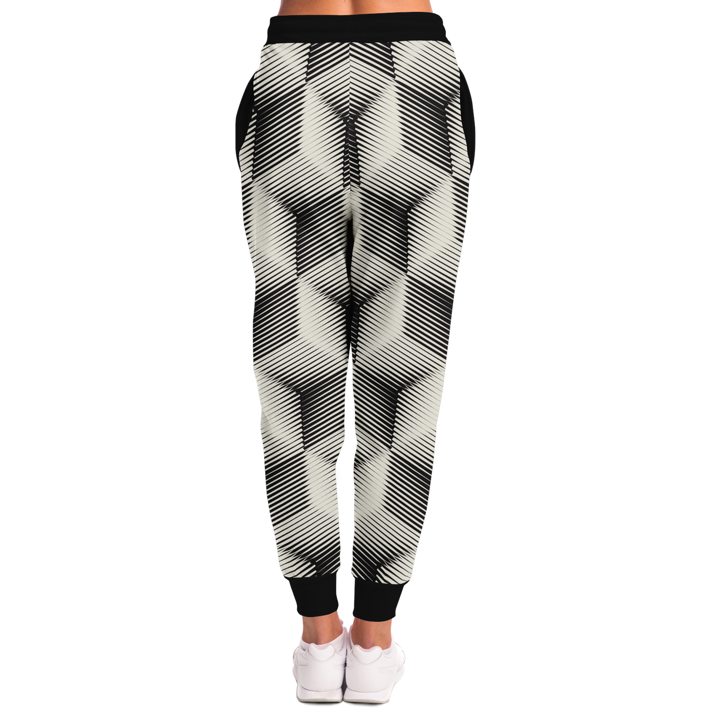 Black and White Joggers for Women – Stylish back view with bold black waistband and modern design