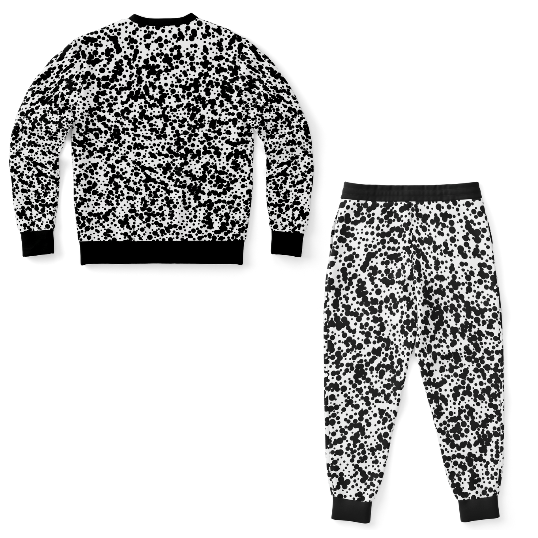 Back view of Black Spots co-ord set with matching black-and-white all-over print