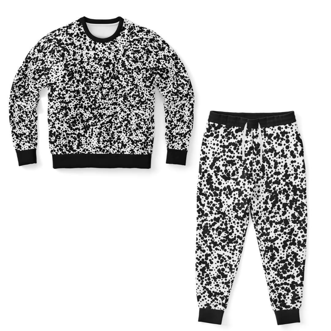 Front view of Black Spots co-ord set featuring printed sweatshirt and joggers laid flat