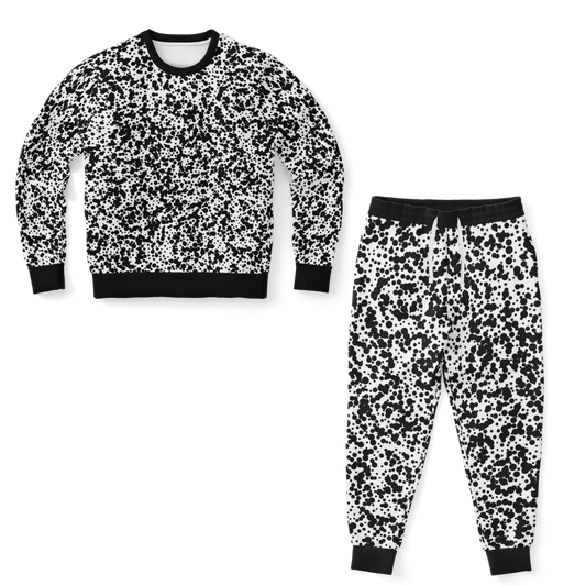 Front view of Black Spots co-ord set featuring printed sweatshirt and joggers laid flat