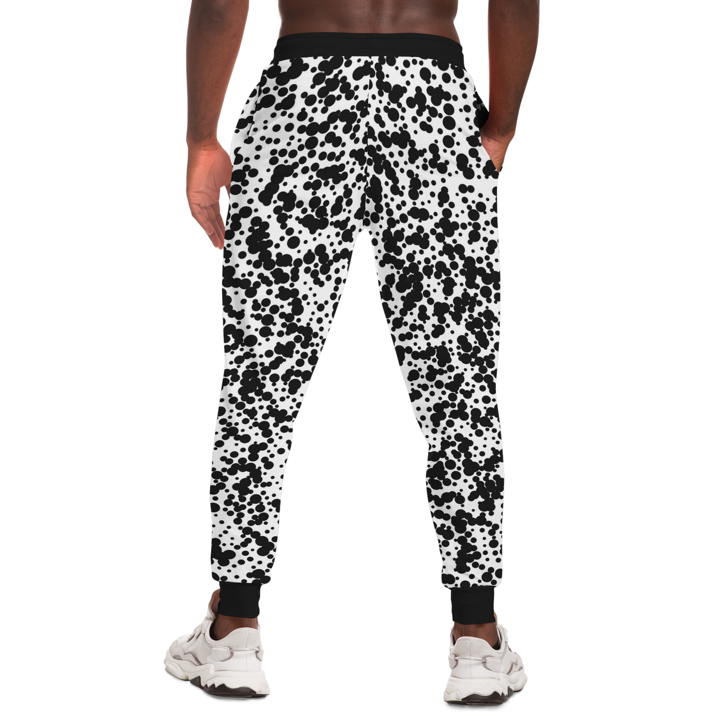 Black Spotted Joggers – Back view with consistent spotted print and tapered fit