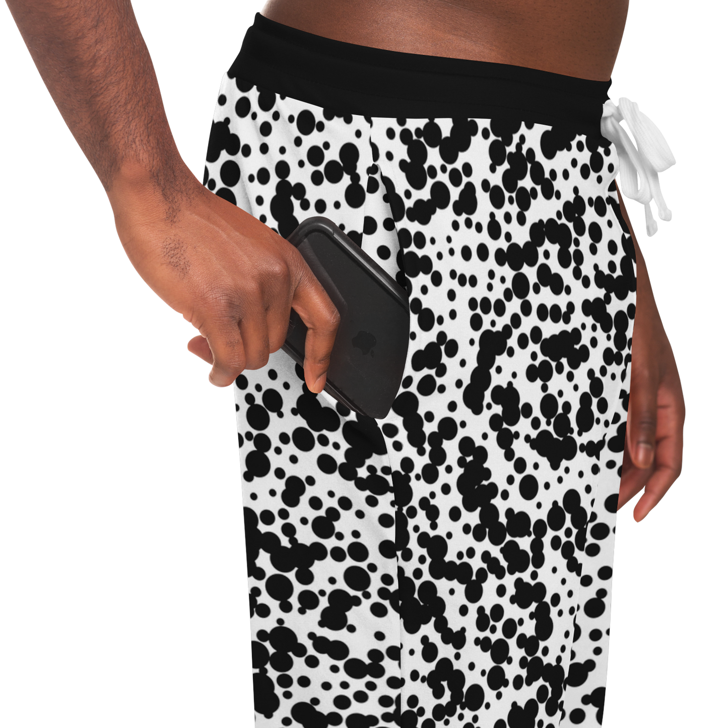 Black Spotted Joggers – Side pocket detail with functional design and contrasting spots