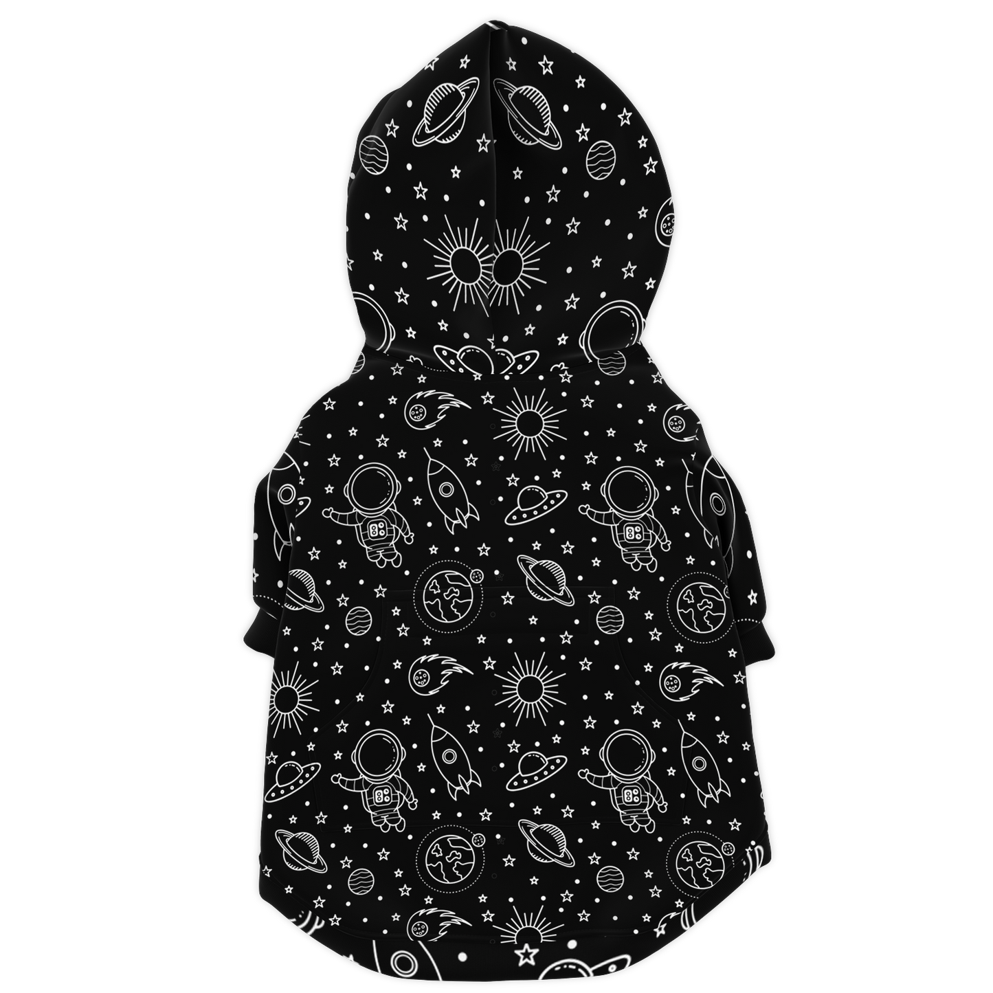 Back view of black stellar dog hoodie featuring star and planet print