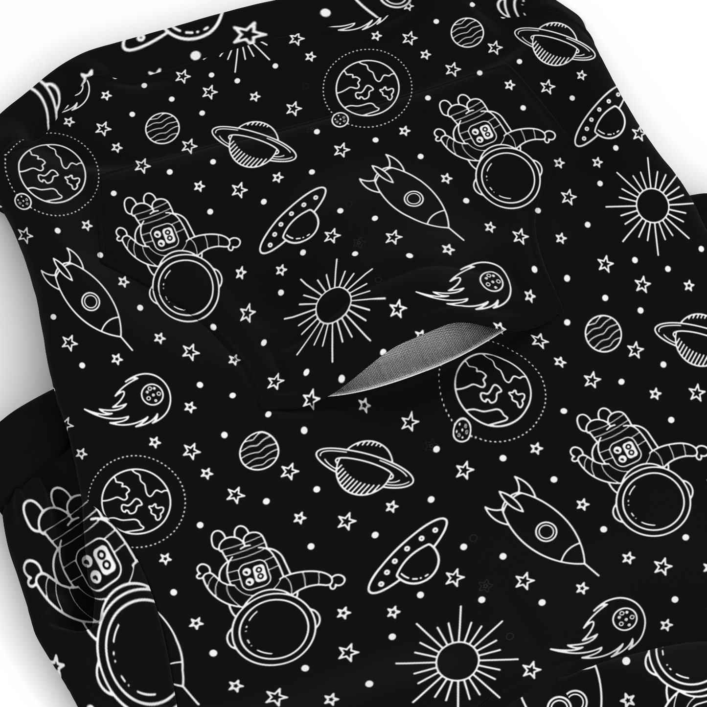 Close-up of galaxy-inspired white print on black dog hoodie
