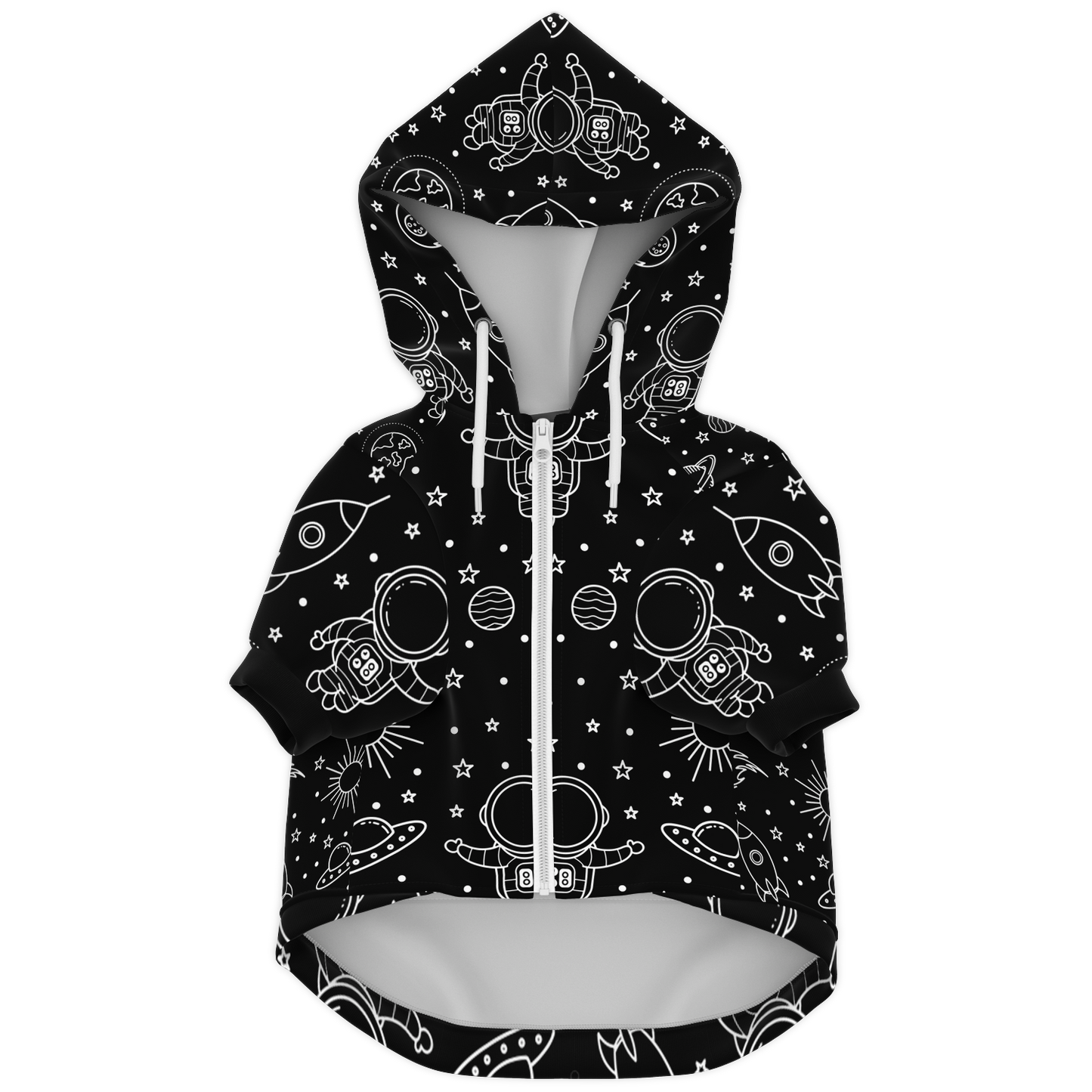 Front flat lay of black stellar dog hoodie with white galaxy design and zipper