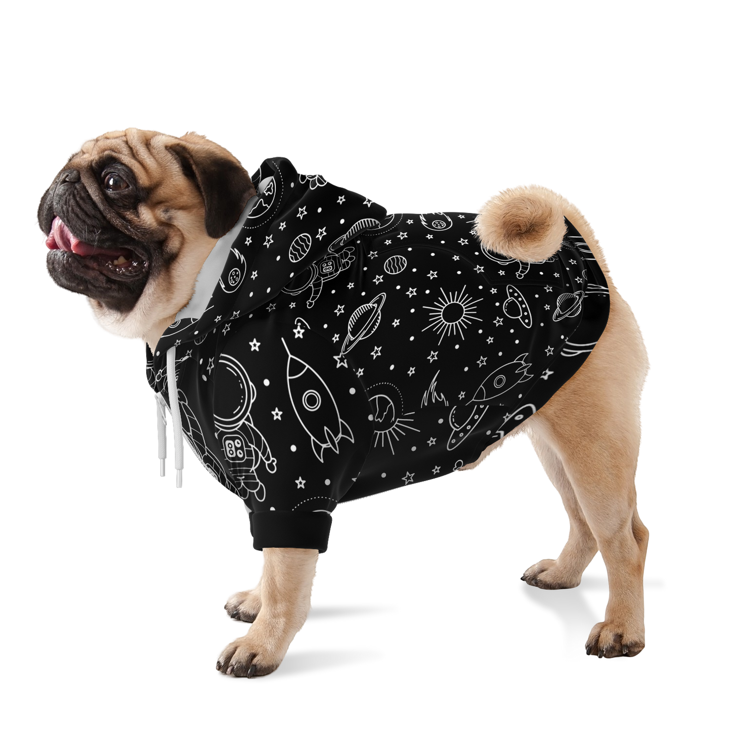 Dog standing in black stellar dog hoodie with star and moon print