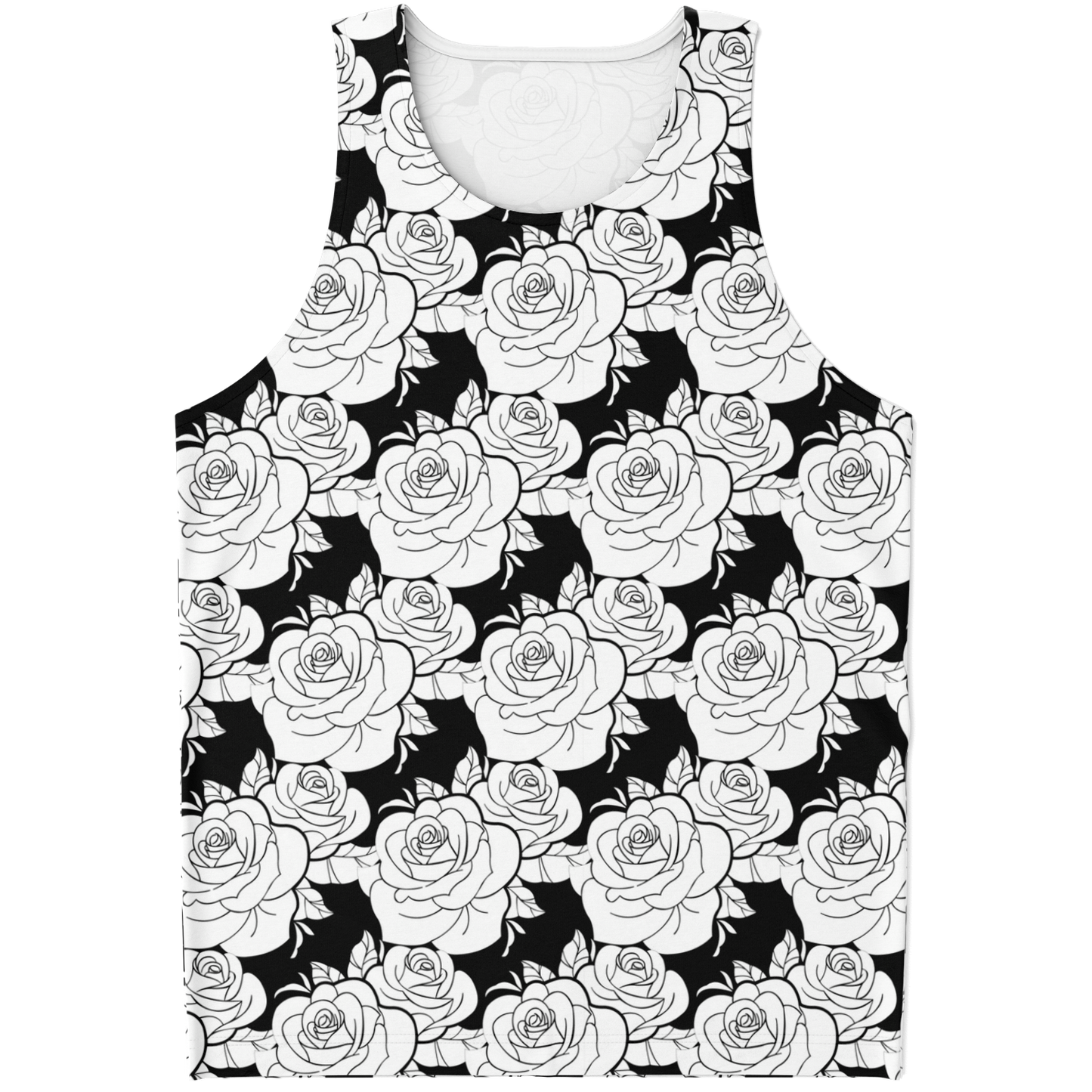 Flatlay front view of Black & White Tank Top featuring bold rose pattern in monochrome tones