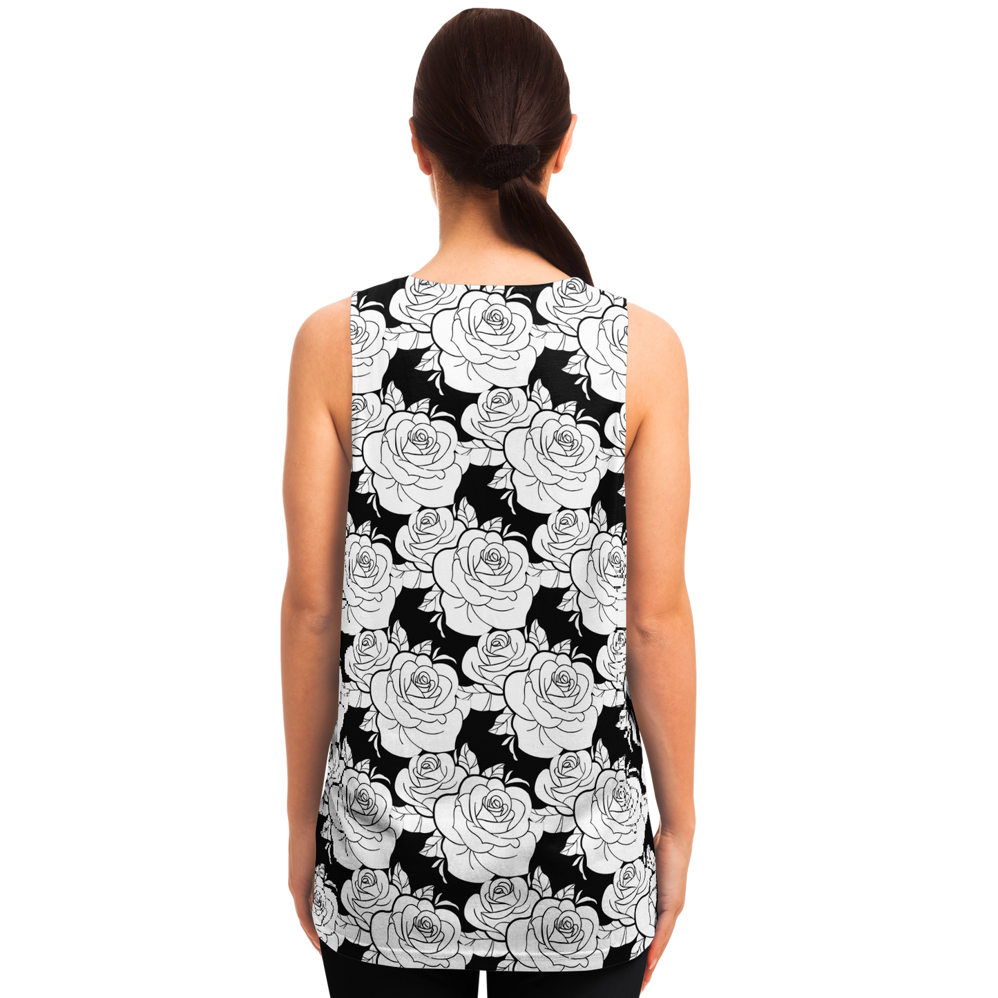 Rear view of woman wearing Black & White Tank Top featuring repeating rose motif