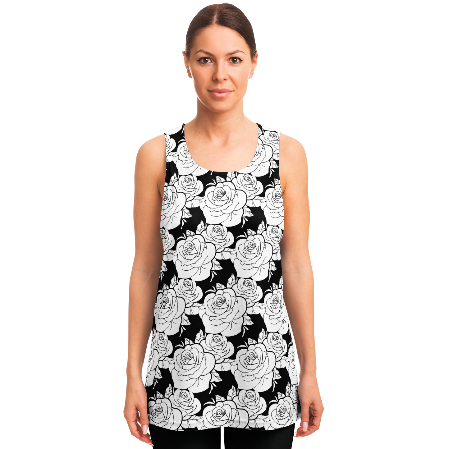 Female model facing forward in Black & White Tank Top with high-contrast floral print