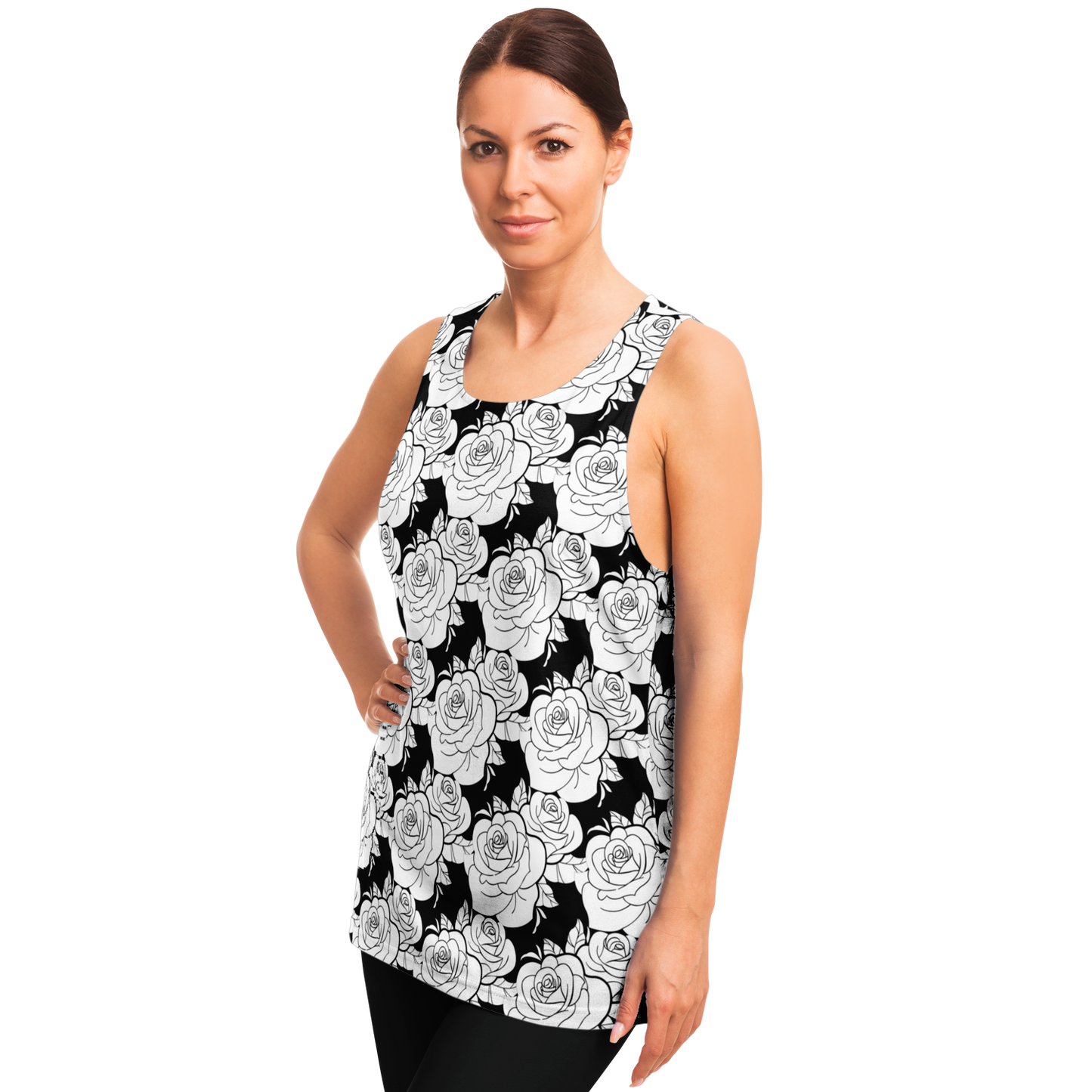 Side pose of female model in floral Black & White Tank Top with artistic black-and-white design