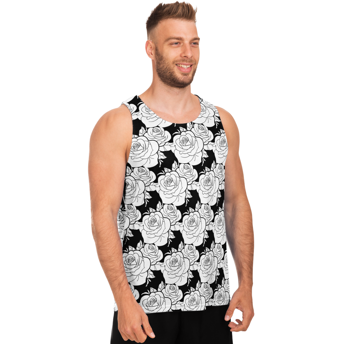 Angled front view of male model wearing rose-patterned Black & White Tank Top in grayscale style