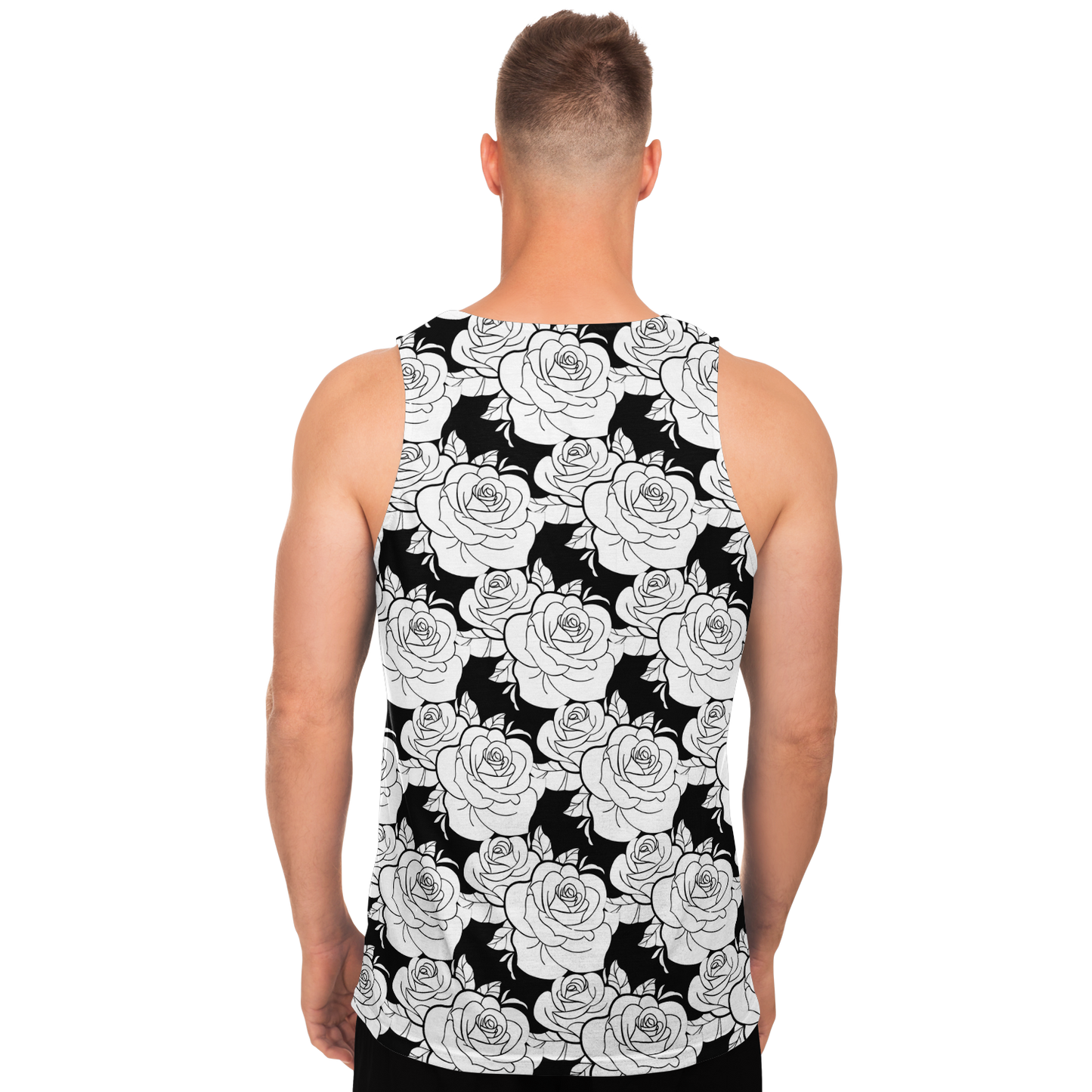 Back view of male model in monochrome rose print Black & White Tank Top