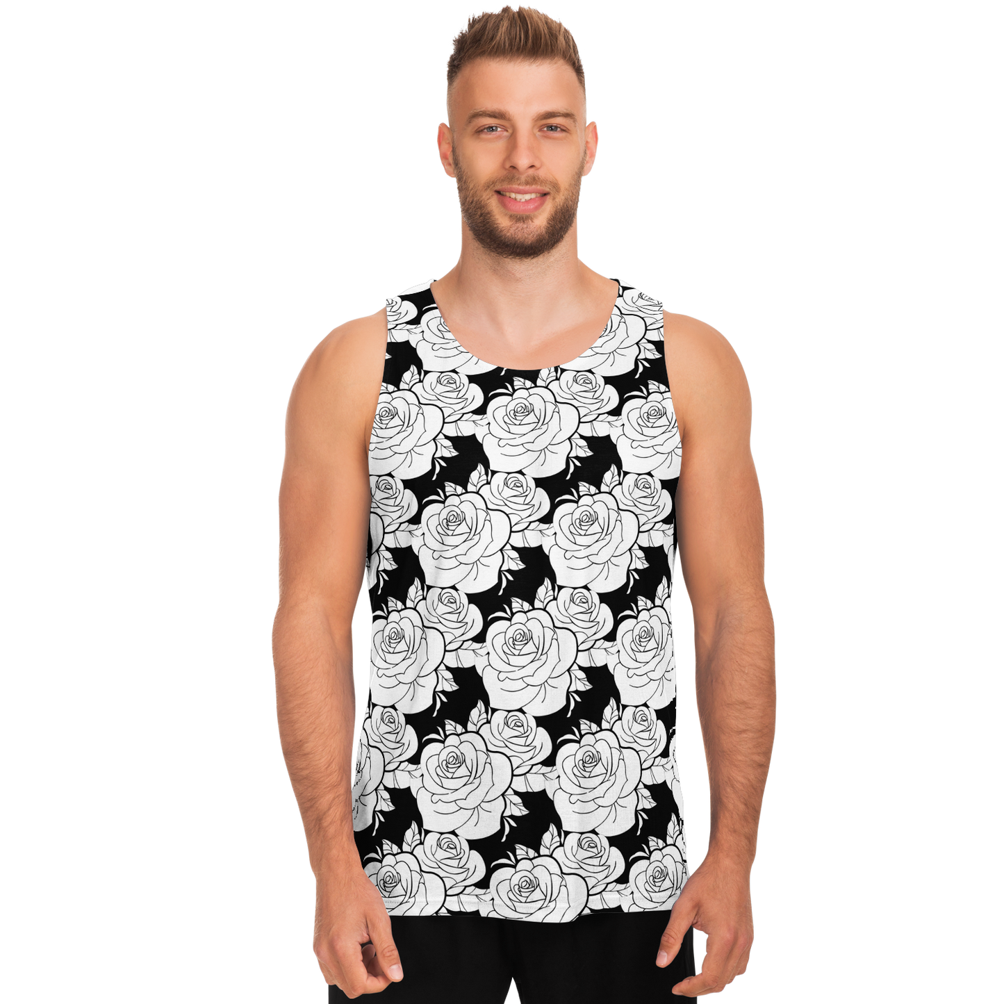 Male model wearing Black & White Tank Top with detailed rose illustrations in a bold design