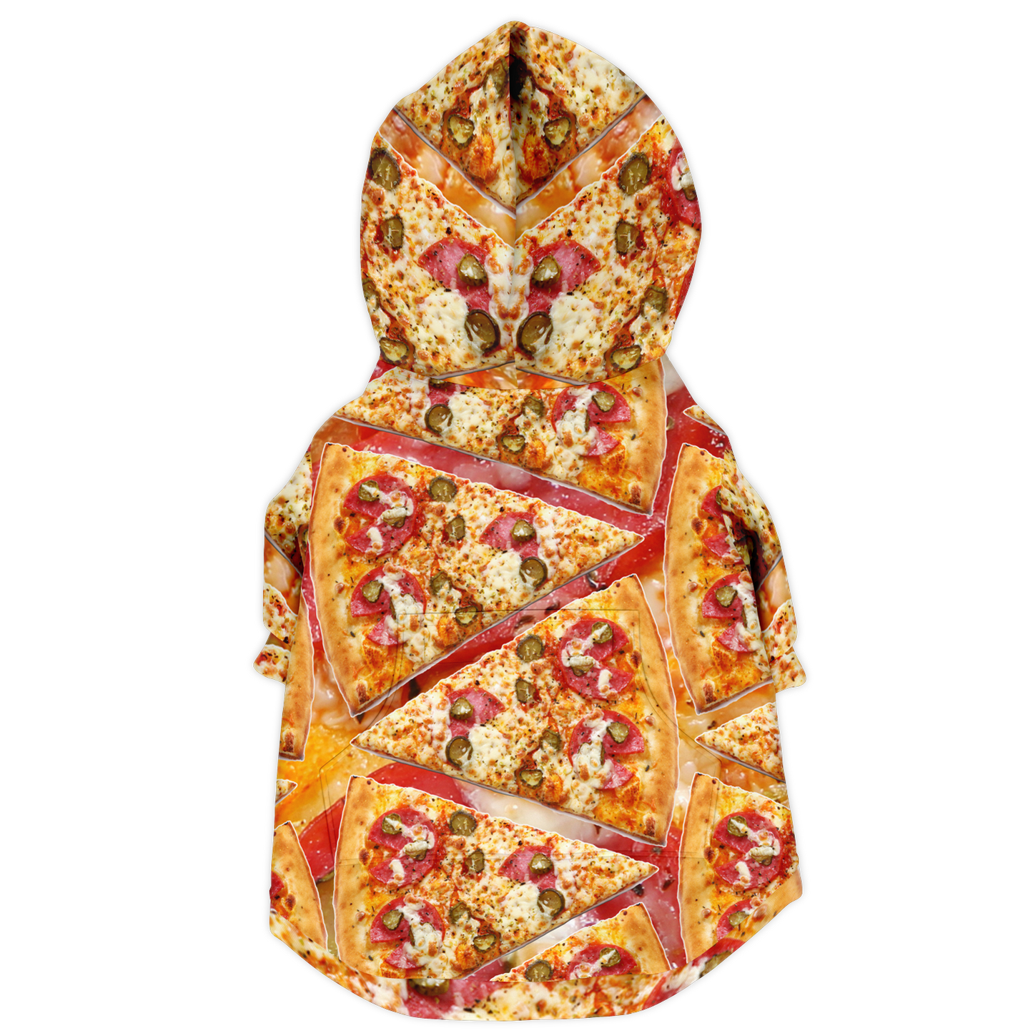 Back view of cheesy pizza dog hoodie showing full food print