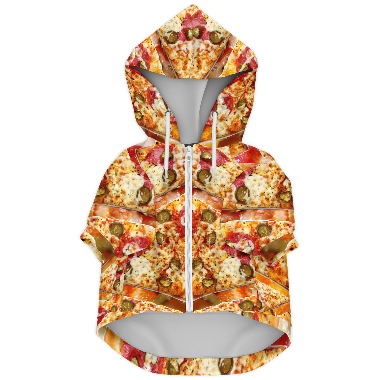 Flat lay of cheesy pizza dog hoodie with zipper and hood