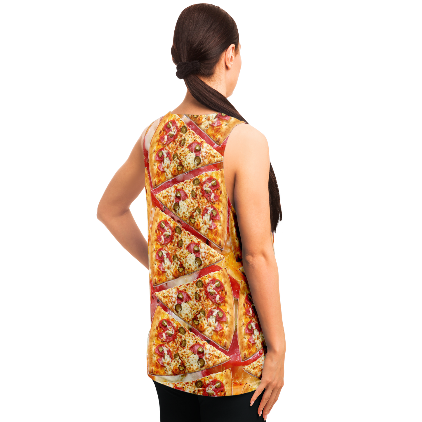 Angled back view of woman in Cheesy Pizza Tank Top with fun all-over pizza slice design