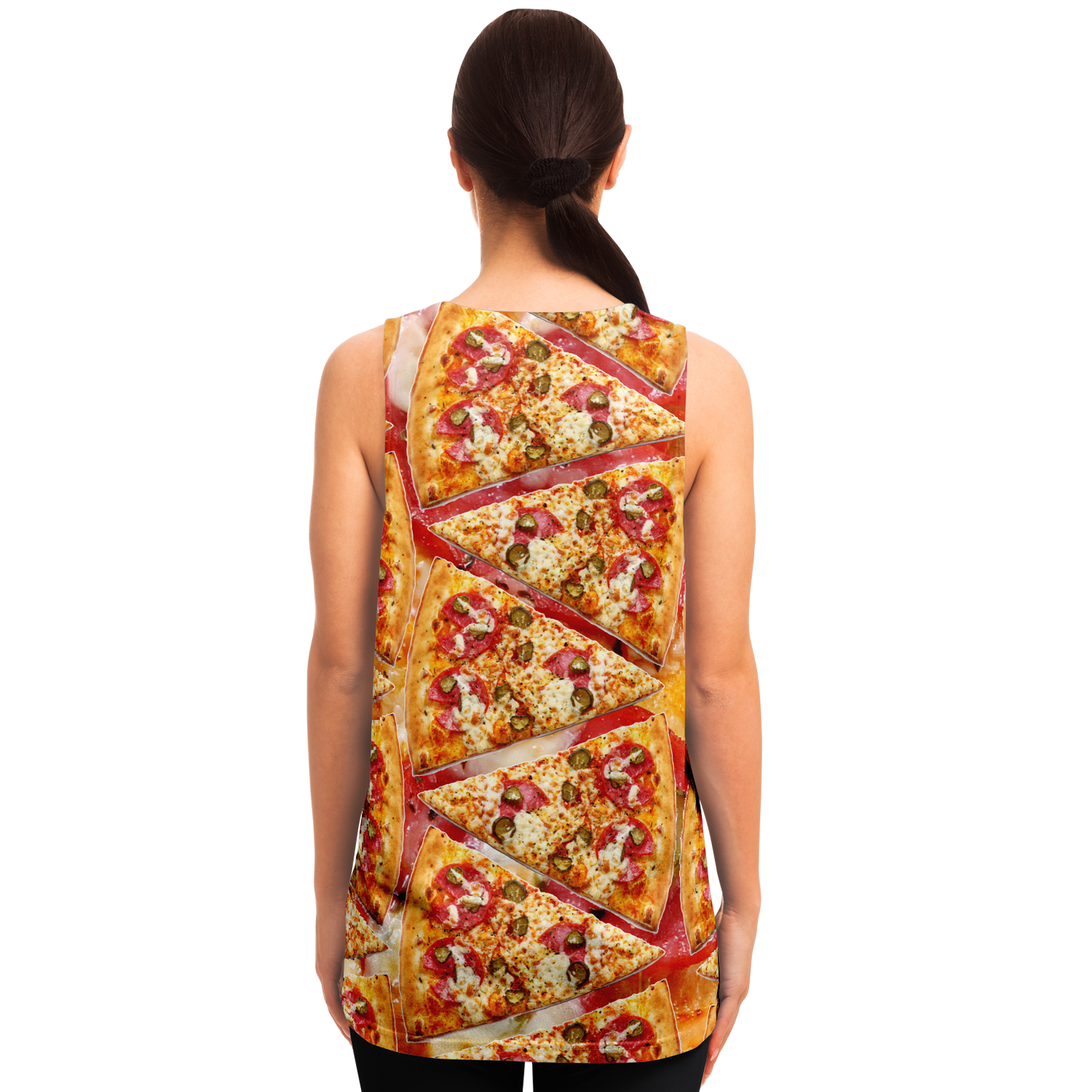 Back view of female model in Cheesy Pizza Tank Top with bold pepperoni pizza graphics