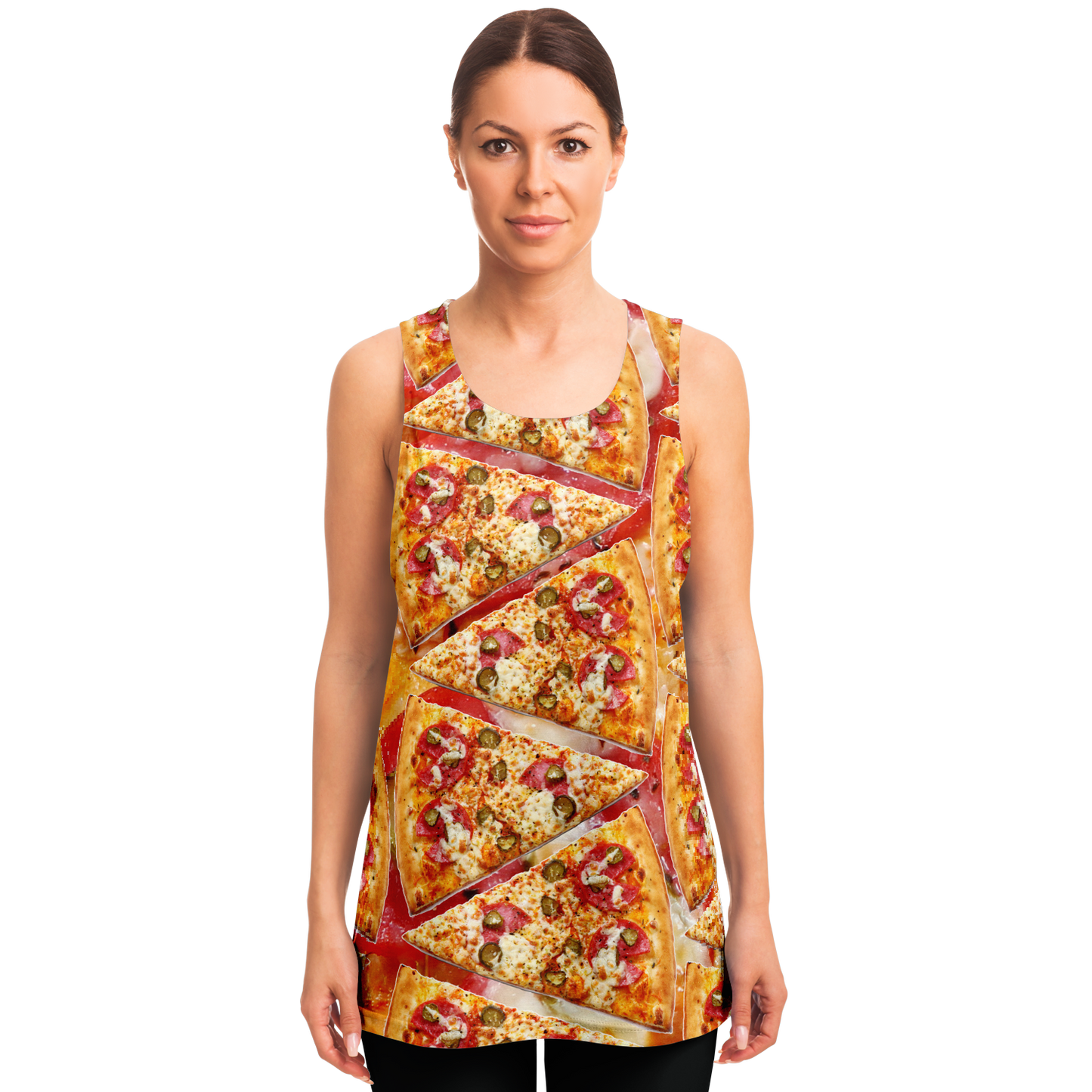 Female model front view wearing Cheesy Pizza Tank Top with realistic pizza print