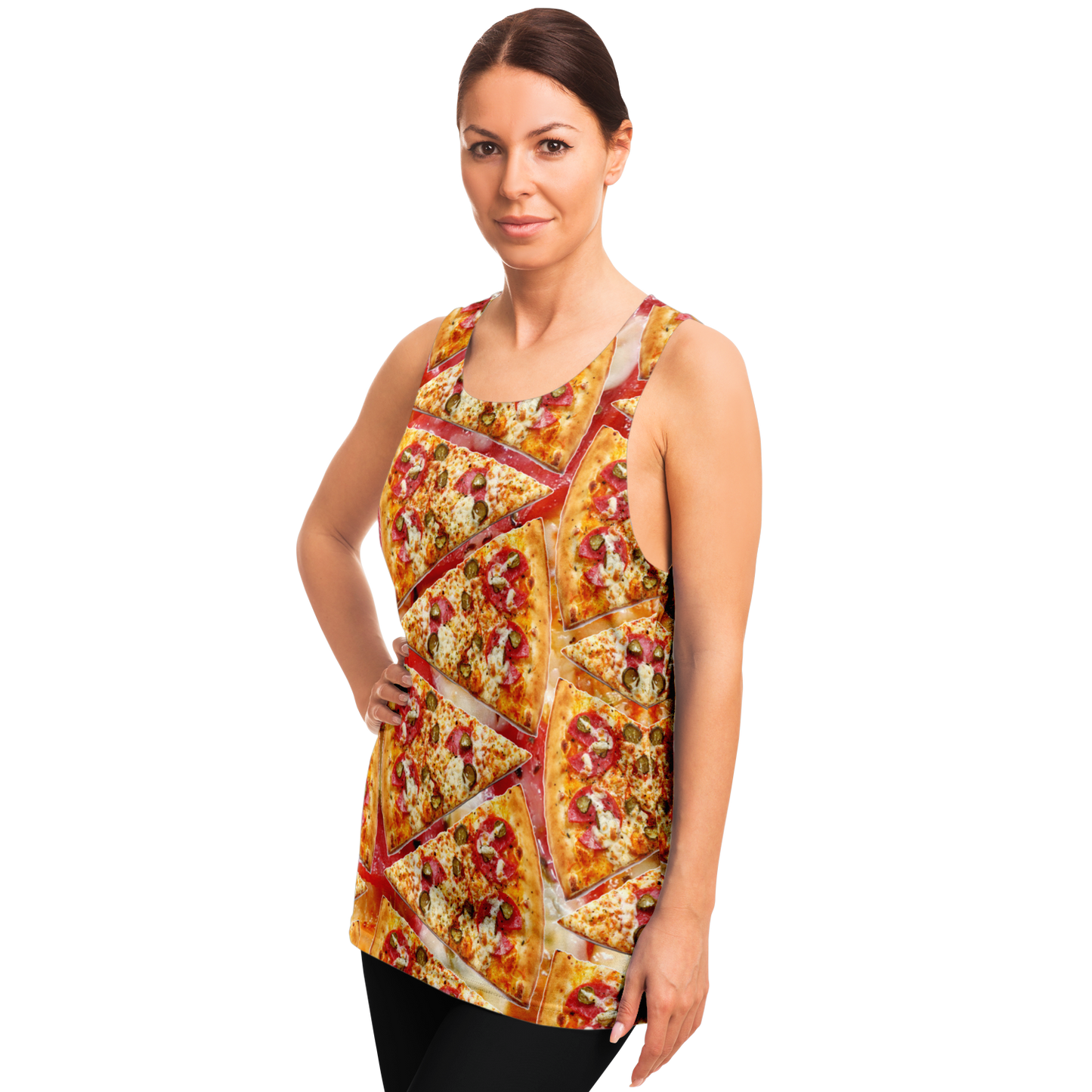 Side pose of woman modeling Cheesy Pizza Tank Top featuring detailed cheesy pizza artwork