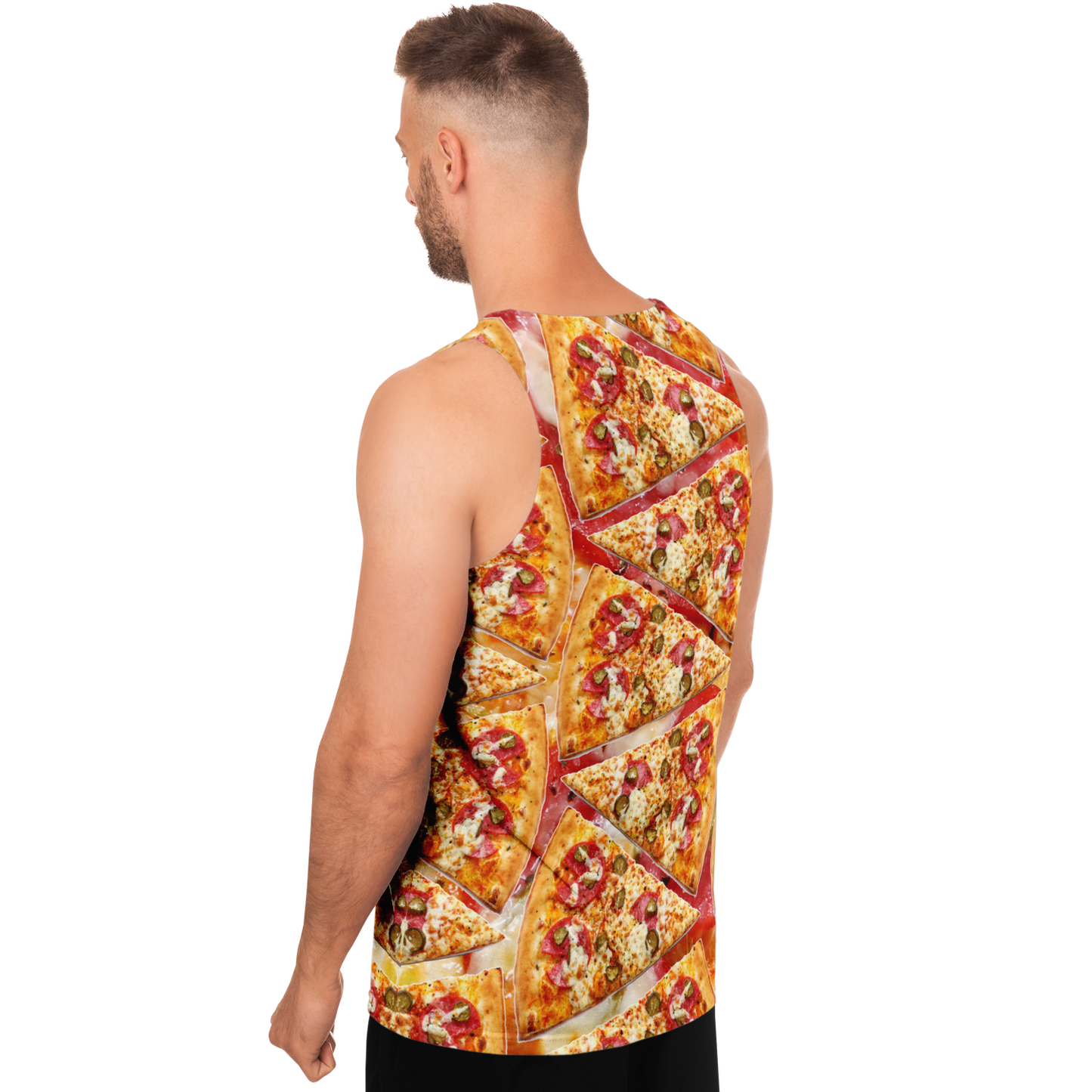 Angled back view of male model wearing Cheesy Pizza Tank Top with realistic food pattern
