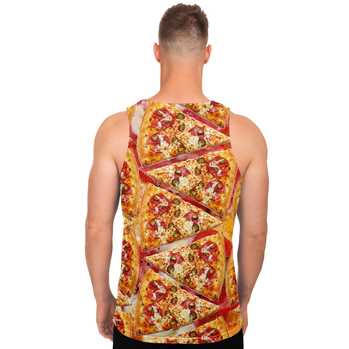 Back view of male model in Cheesy Pizza Tank Top covered in gooey pepperoni slices
