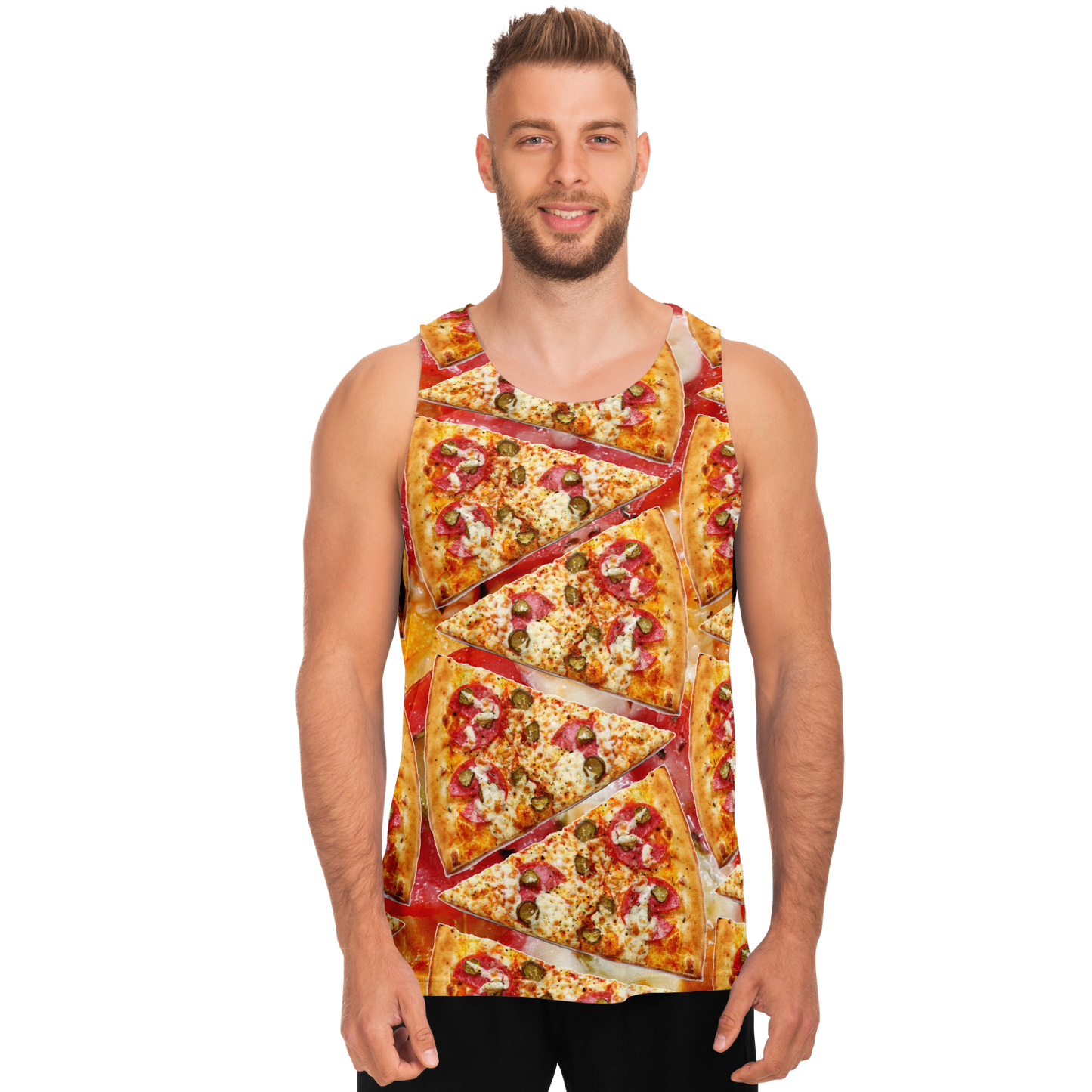 Male model in front view wearing Cheesy Pizza Tank Top with vibrant and playful pizza theme