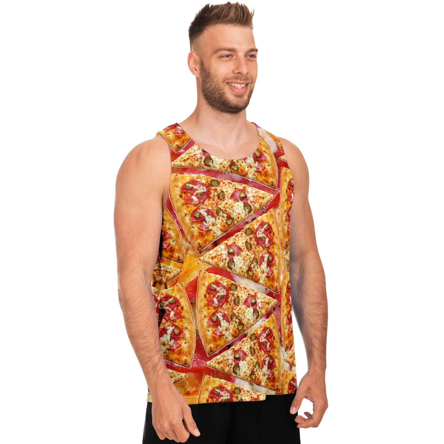 Side profile of man in Cheesy Pizza Tank Top featuring full-wrap pizza slice print