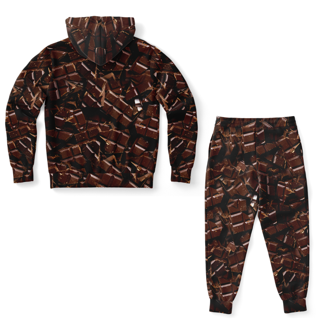 Back view of Chocolate Rush co-ord set with matching hoodie and joggers in chocolate print