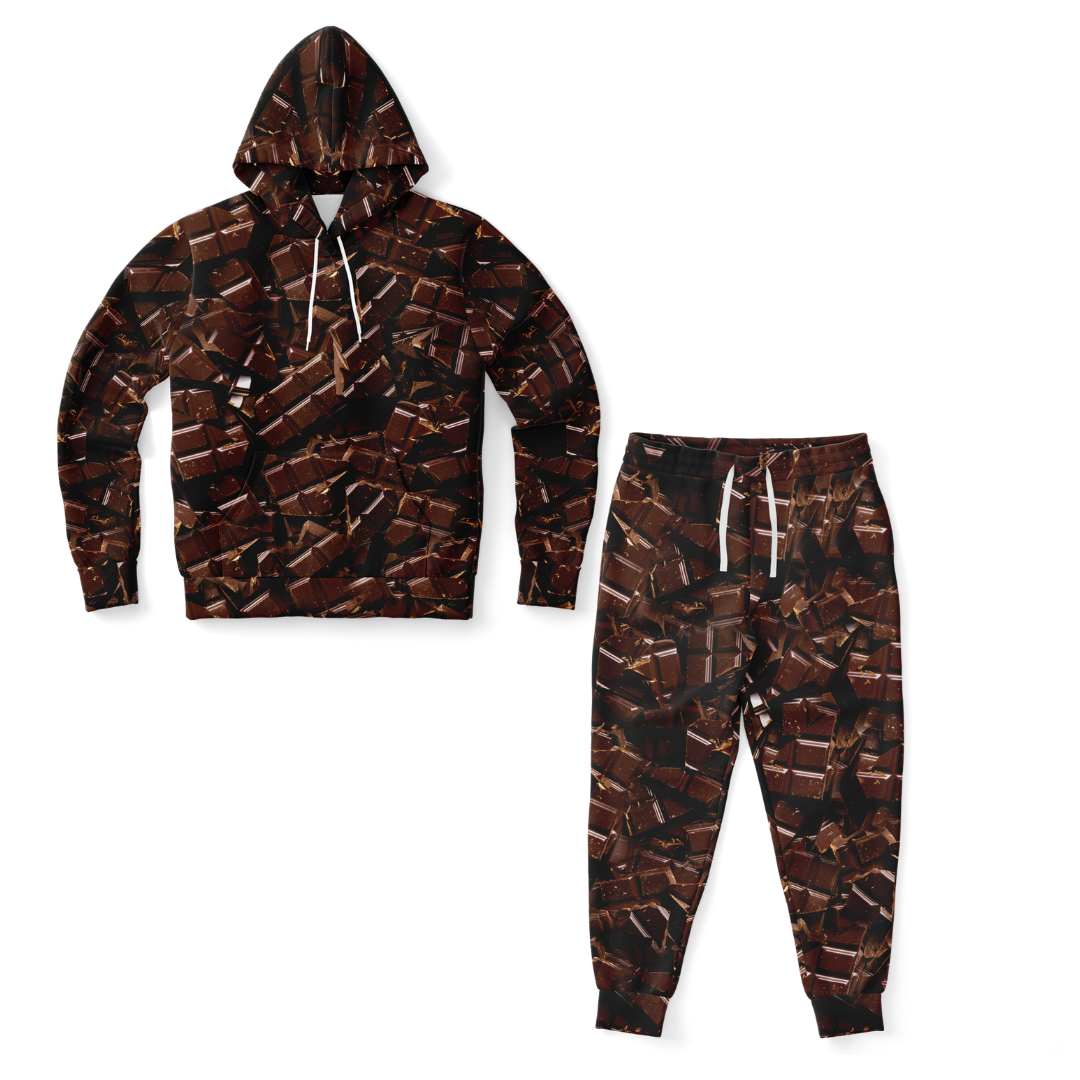 Front view of Chocolate Rush co-ord set with printed hoodie and joggers laid flat