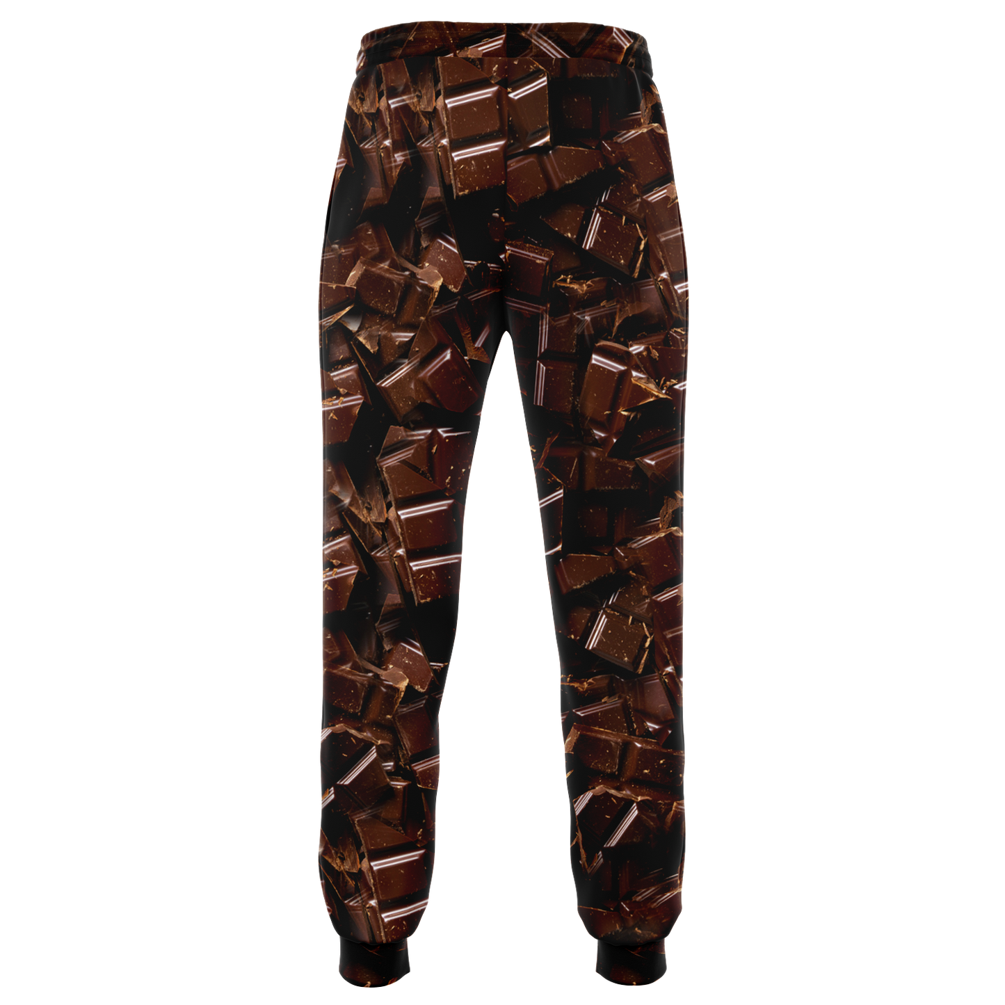 Chocolate Rush Joggers – Back flatlay view showcasing the detailed cocoa-inspired design and ankle cuffs