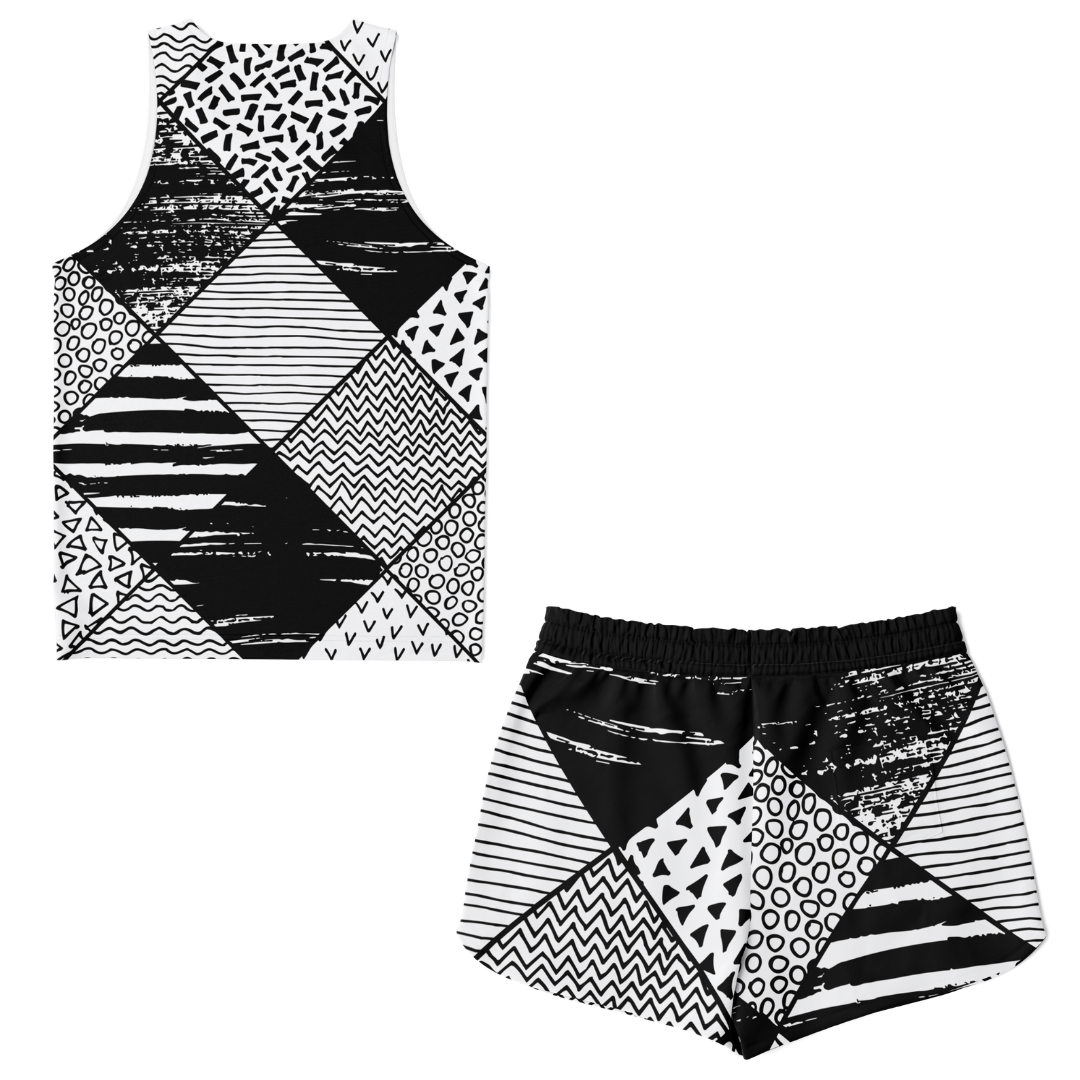 Back view of Contrast Clash co-ord set with matching monochrome patterns on top and shorts