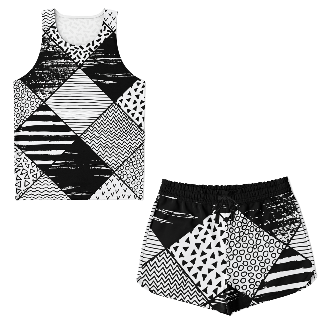 Front view of Contrast Clash co-ord set with black and white geometric tank top and shorts
