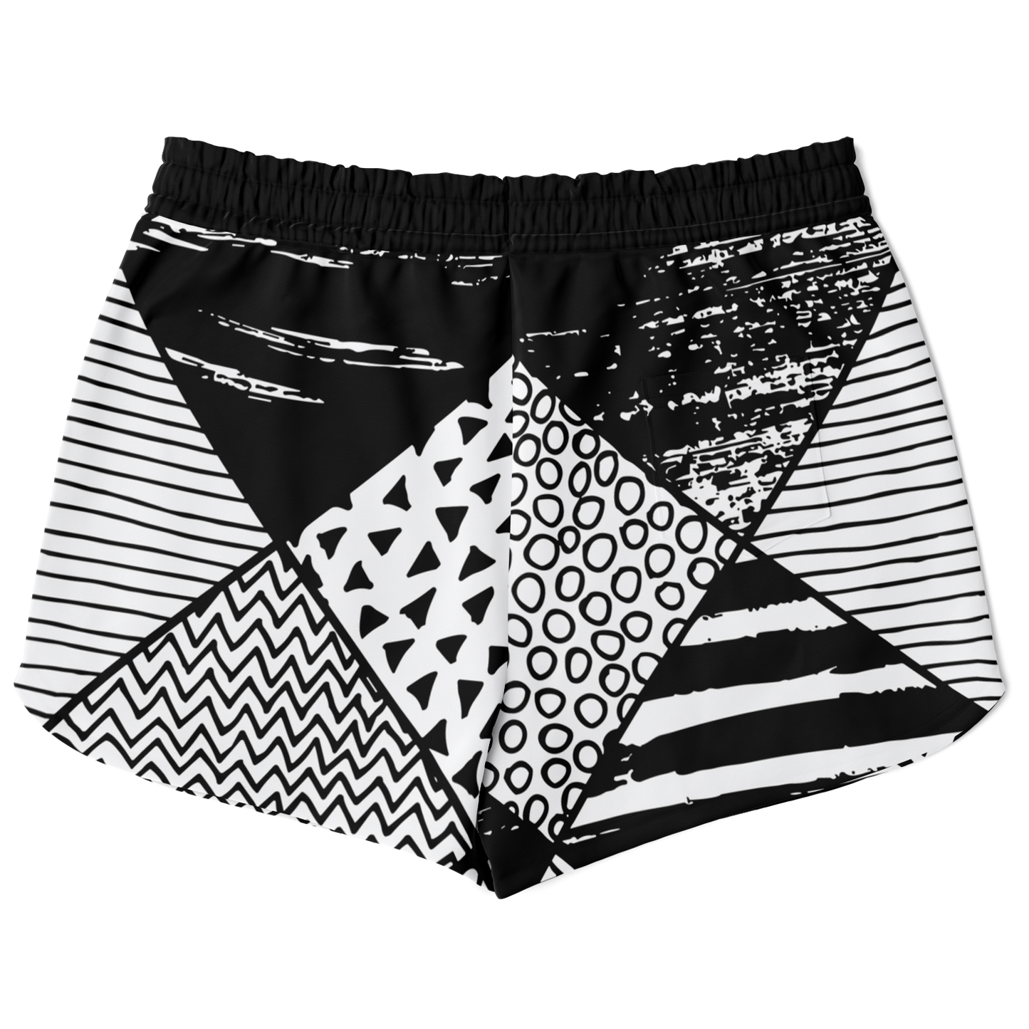 Back view of co-ord shorts with contrasting graphic panels in black and white
