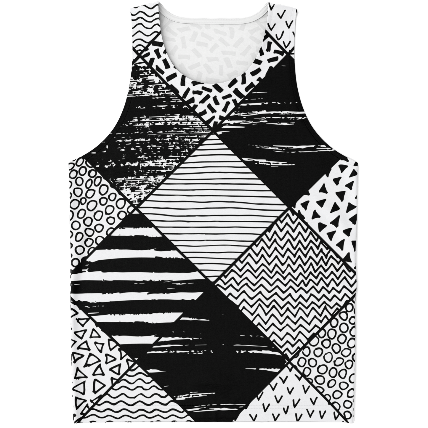 Front of Contrast Clash tank top featuring mixed geometric black and white prints