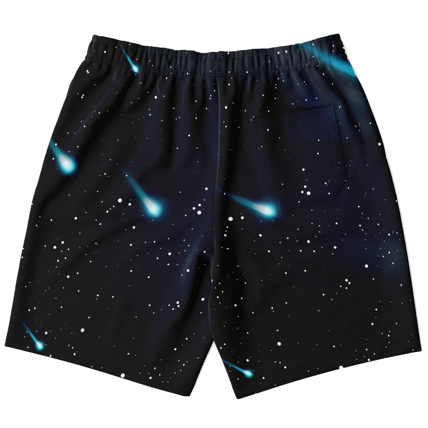 Back view of Cosmic Buddies Shorts with starry night space design on black background