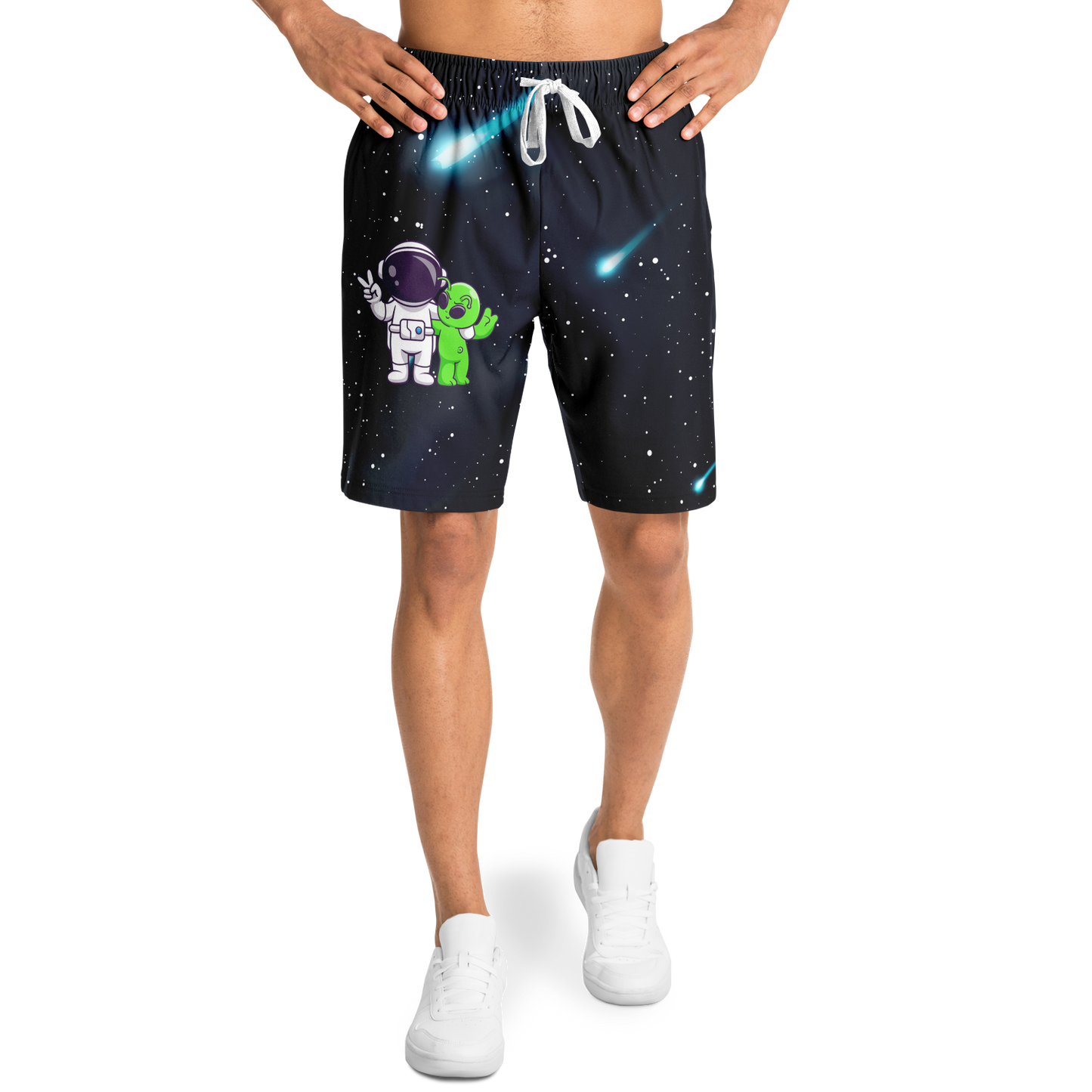 Male model wearing Cosmic Buddies Shorts front view with astronaut and alien graphic, transparent background