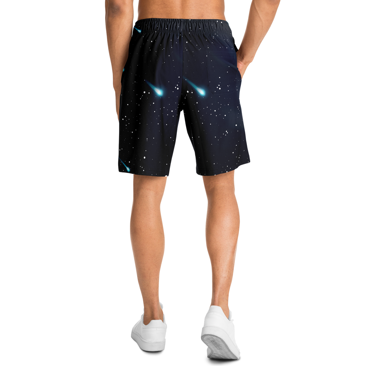 Angled back view of Cosmic Buddies Shorts on model, starry galaxy design