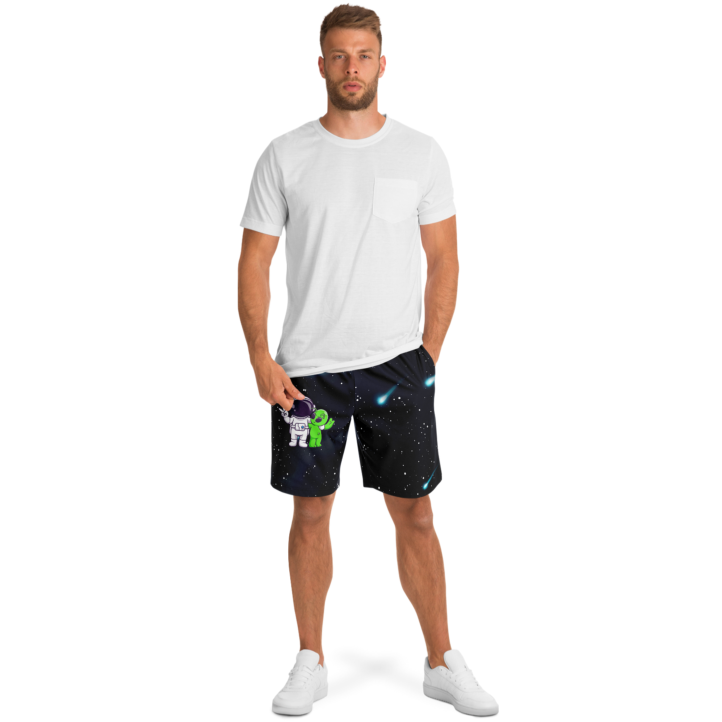 Male model in angled front pose wearing Cosmic Buddies Shorts with astronaut and alien graphic