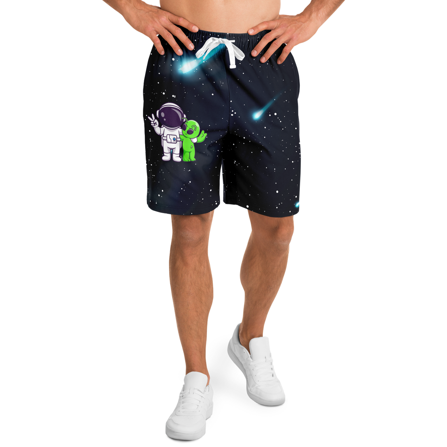 Male model wearing Cosmic Buddies Shorts front view, astronaut and alien design visible
