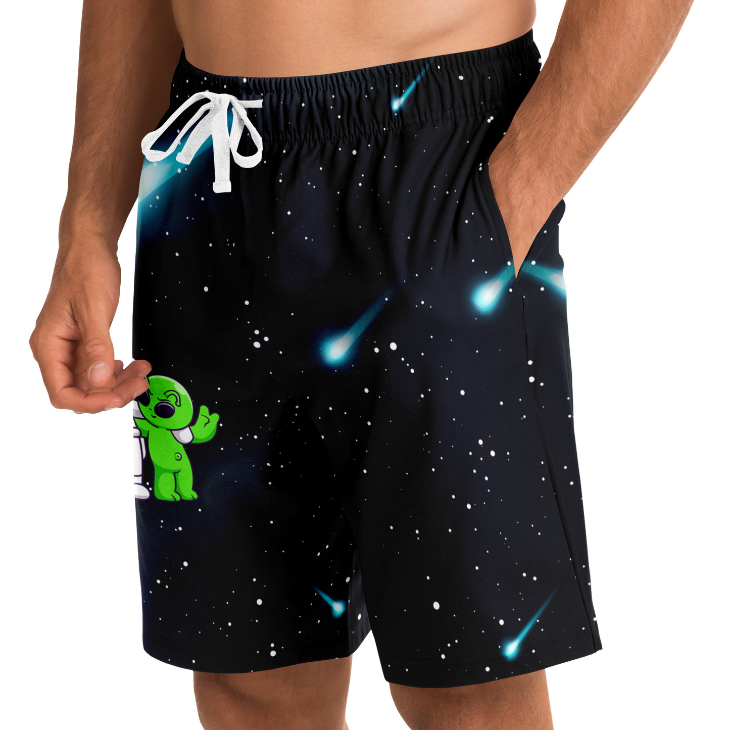 Side view of Cosmic Buddies Shorts on model showing astronaut and alien detail on black cosmic background