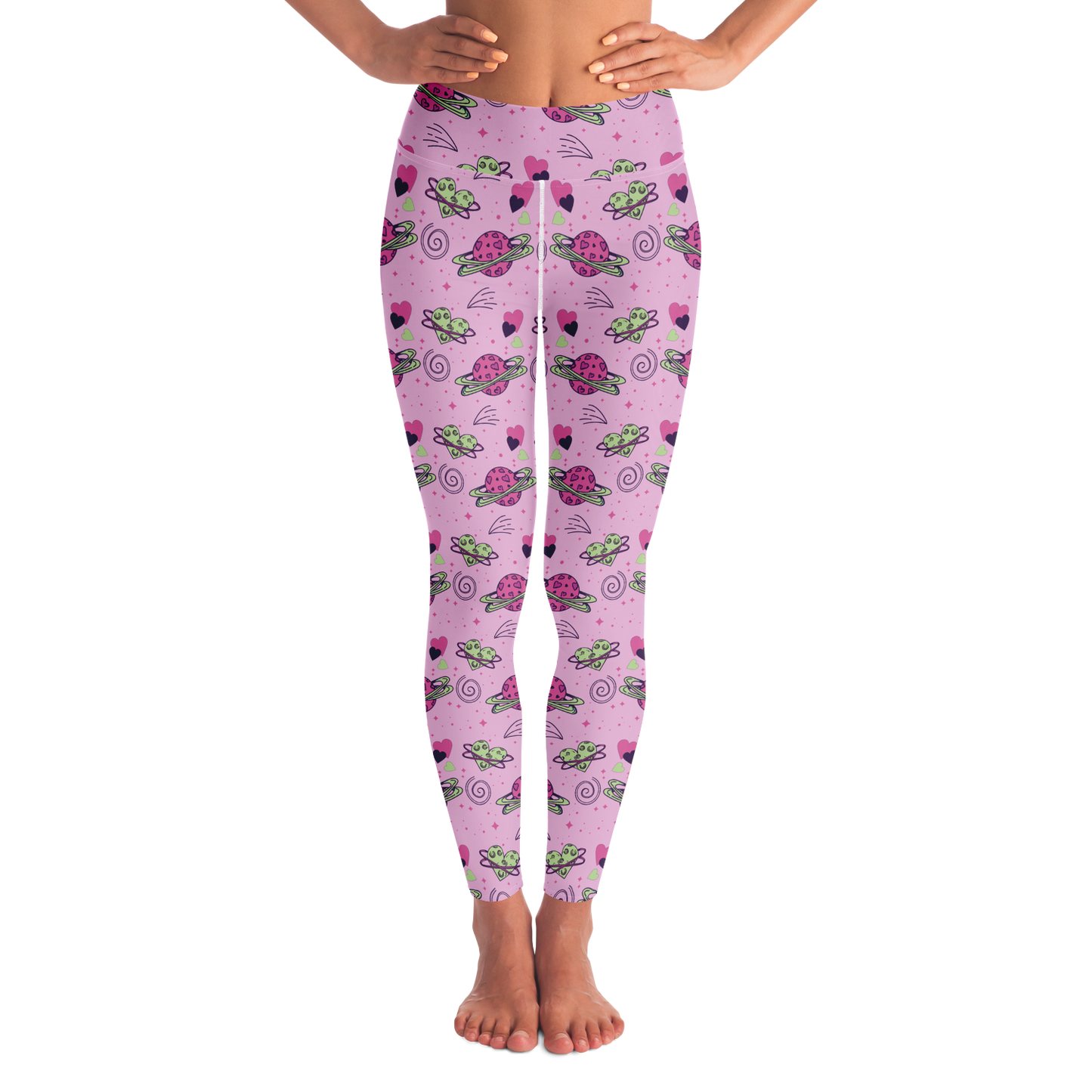 Cosmic Crush Leggings – Front view with dreamy pink tones and playful cosmic elements