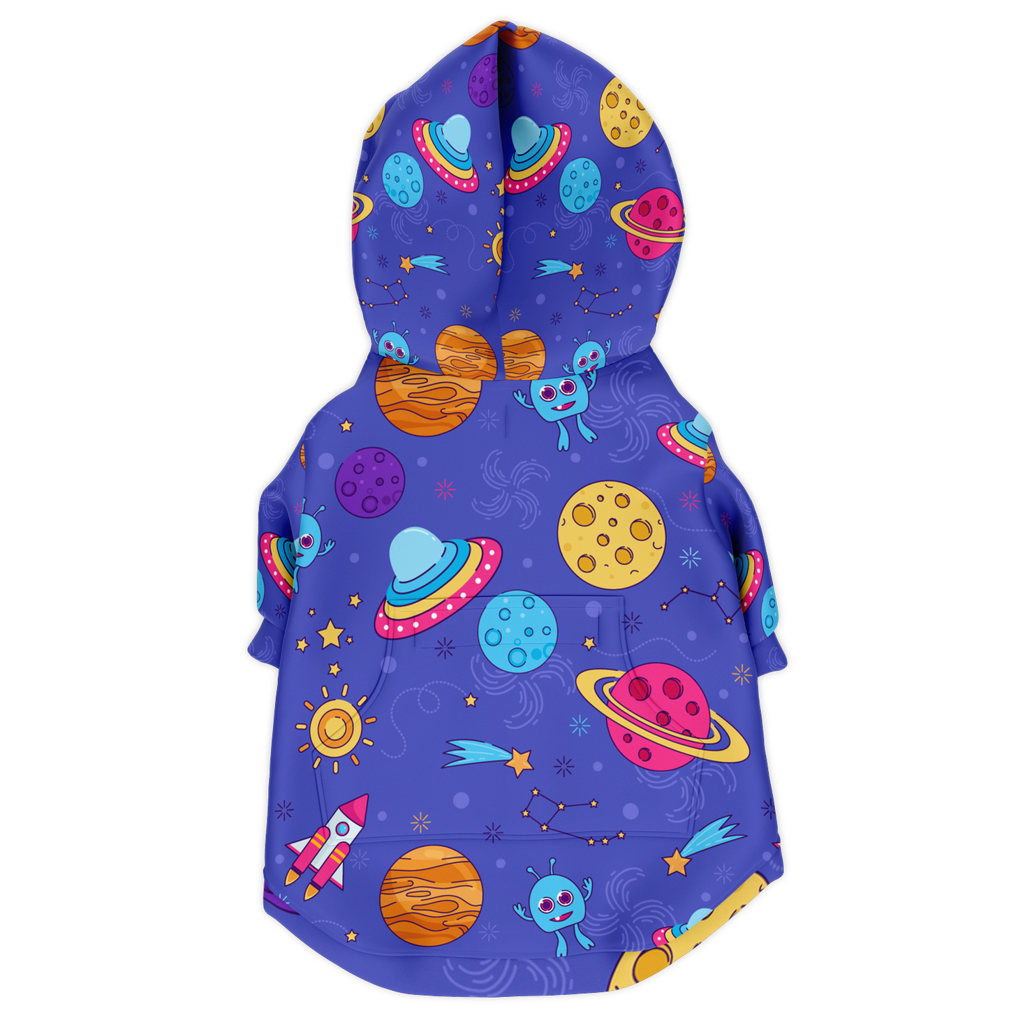 Back view of CosmoCharm dog hoodie featuring space-themed print