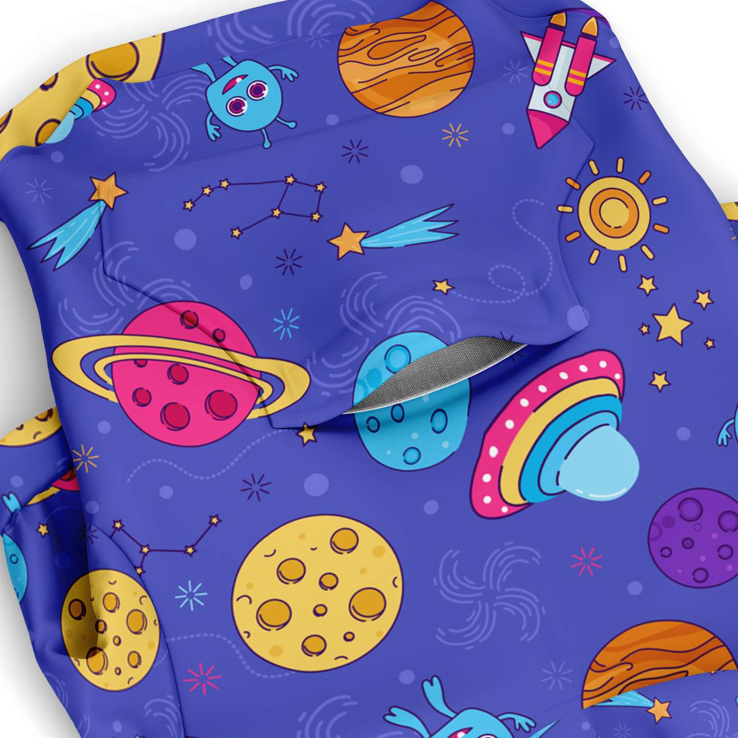 Close-up of galaxy and food print on Cosmo Charm dog hoodie