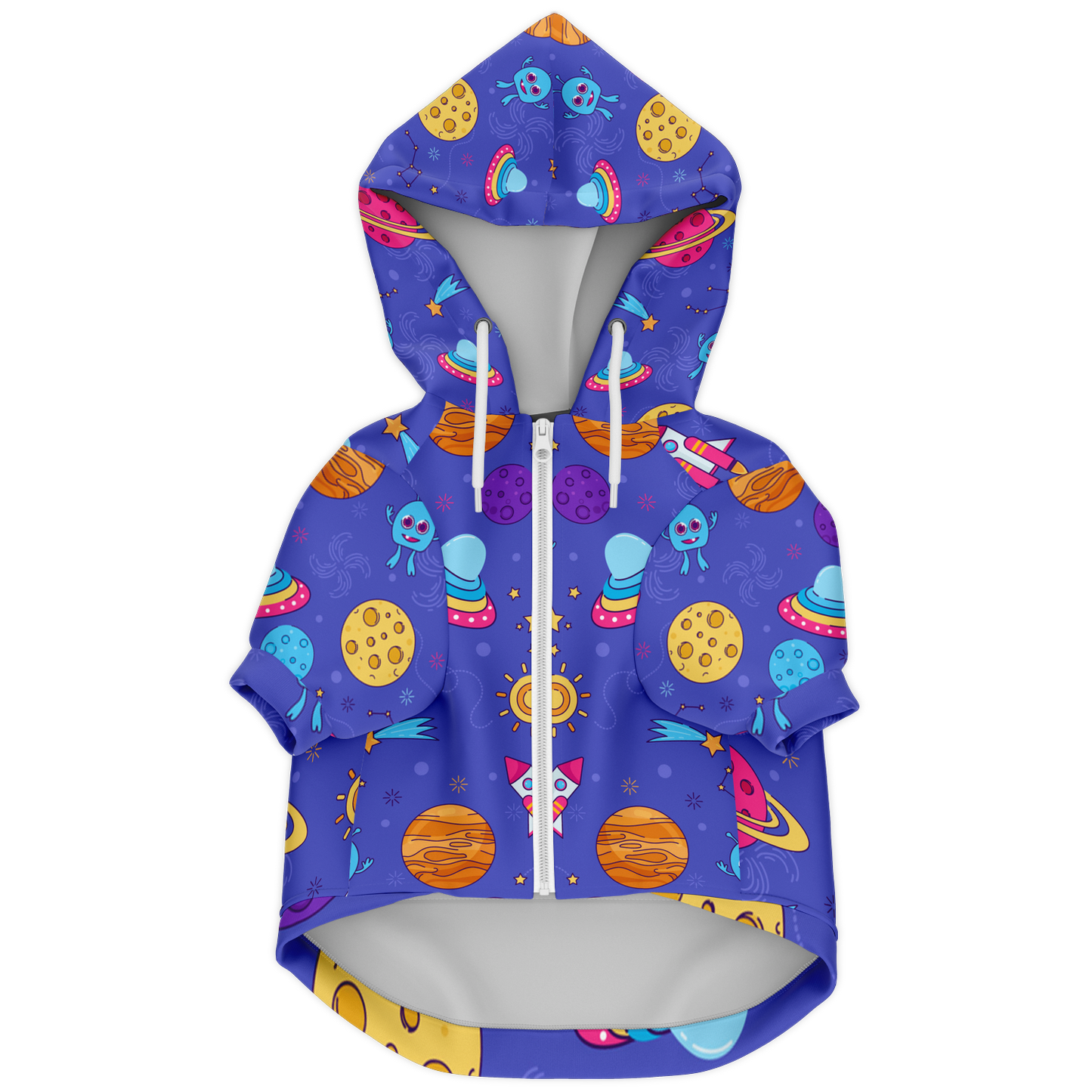 Flat lay of CosmoCharm dog hoodie with cosmic print and zipper front"